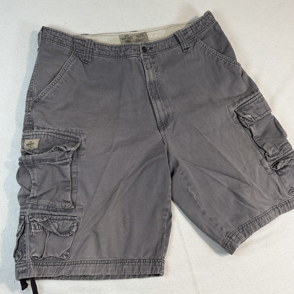 Vintage Y2K Lee Dungarees Baggy‎ Cargo Shorts Grey 38" Flat front Heavy Cotton